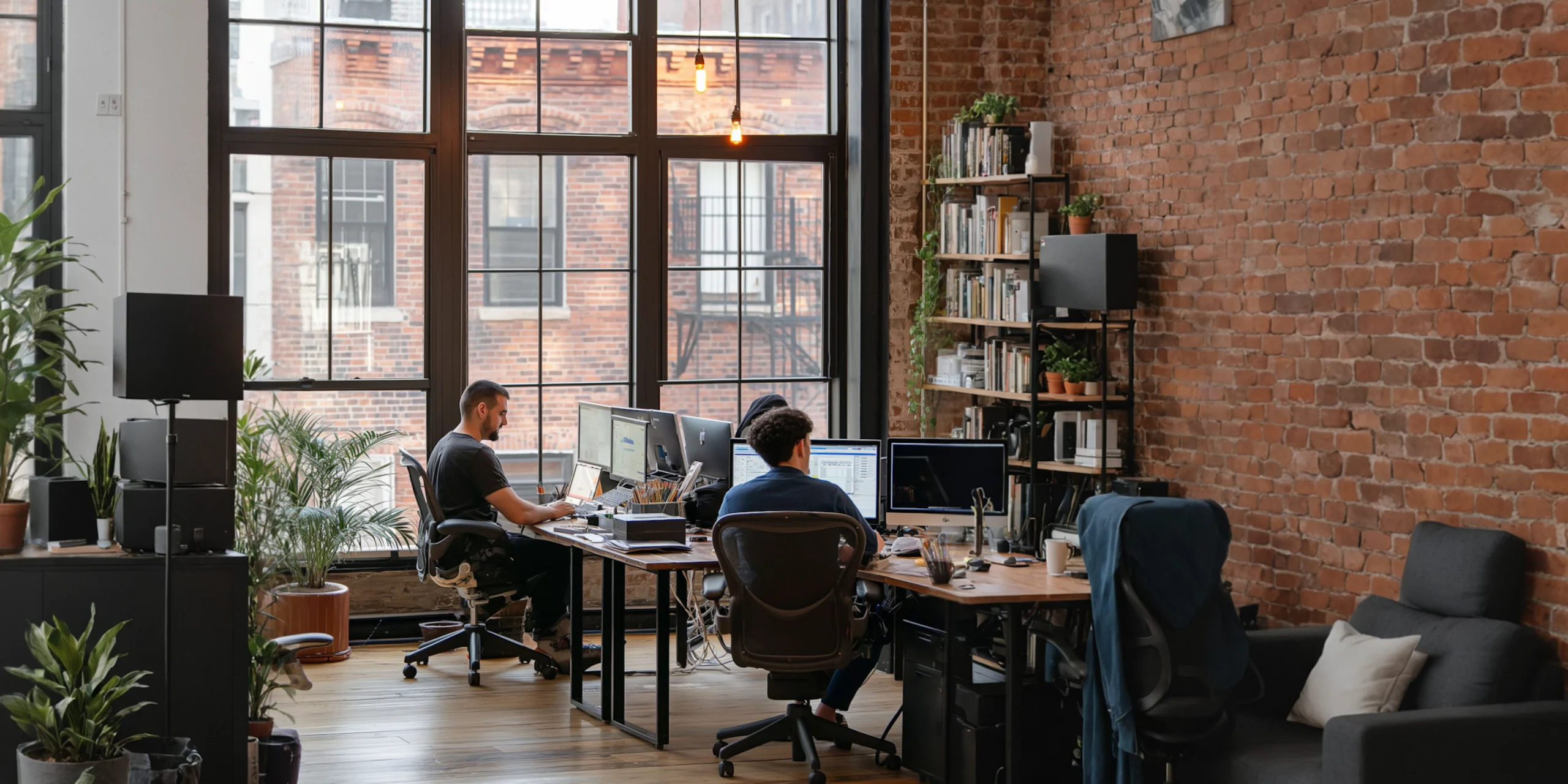 Modern loft office with a brick wall, large windows and lots of plants where two people work at their computers; a fragrance machine enhances the ambience and creates a welcoming atmosphere.